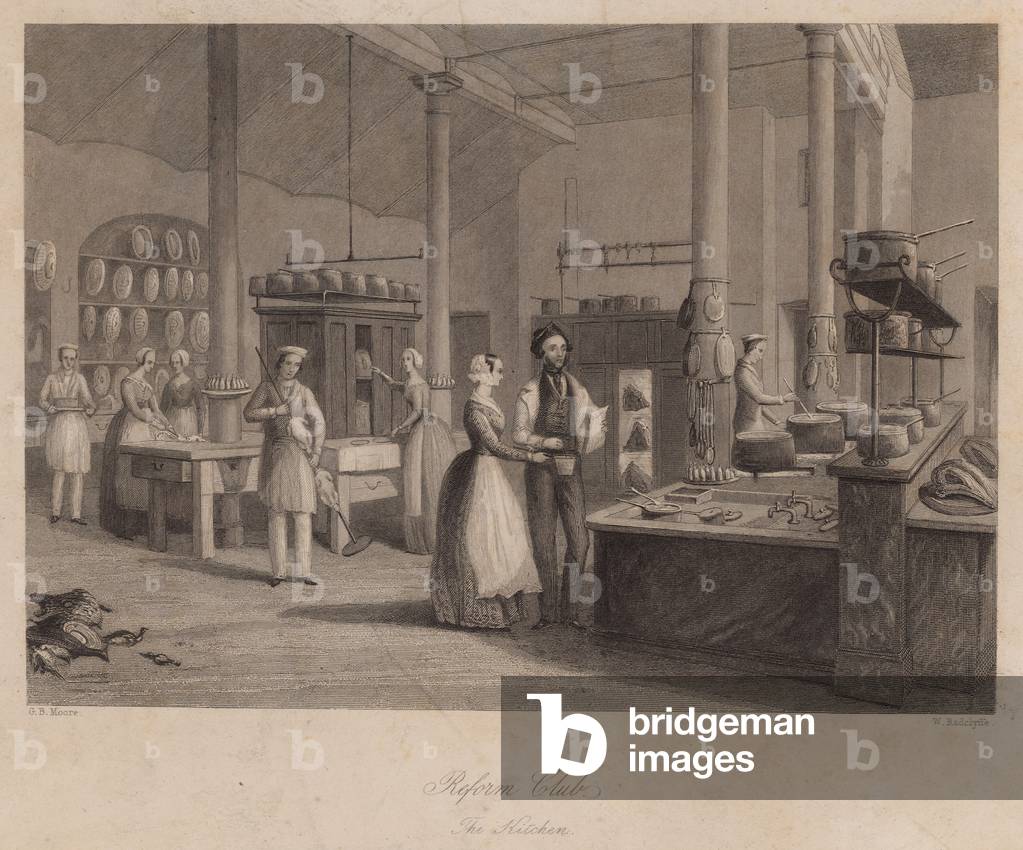 The kitchen of the Reform Club, London (engraving)