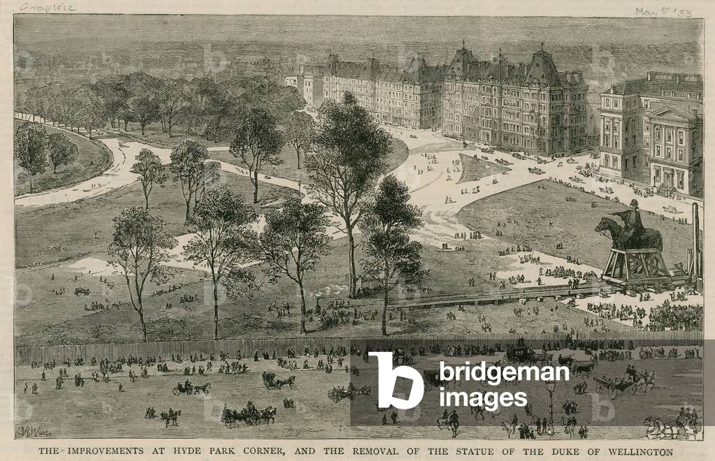 The improvements at Hyde Park Corner, and the removal of the statue of the Duke of Wellington (engraving)