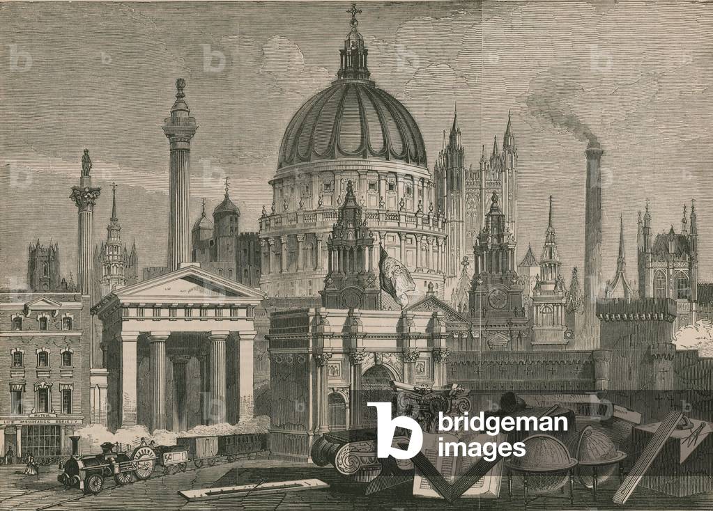 The principal architectural works of Great Britain, grouped with Masonic Emblems (engraving)