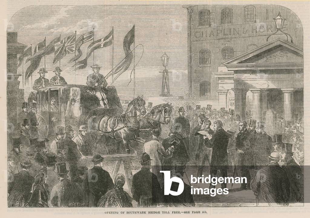 Opening of the Southwark Bridge toll free (engraving)