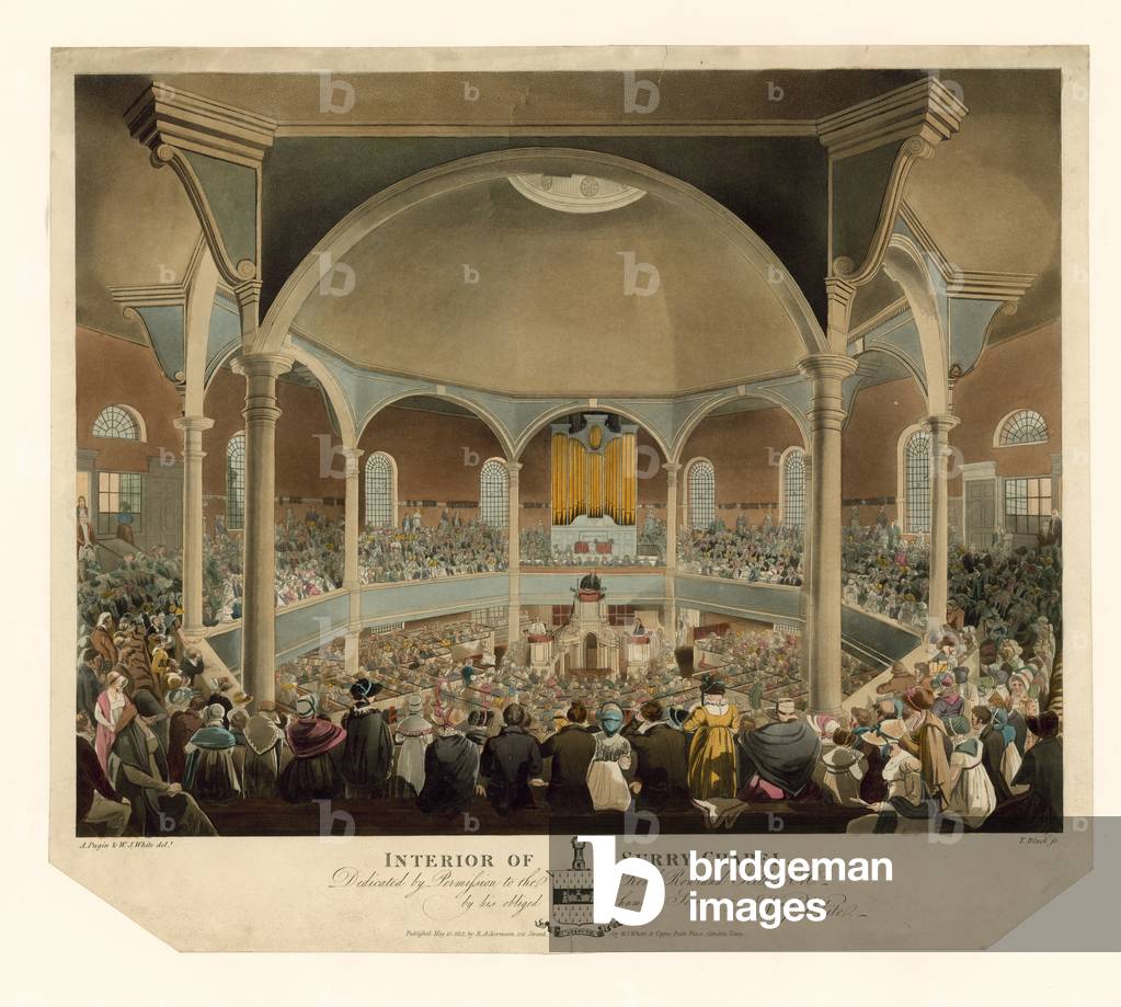 Interior of Surry Chapel (coloured engraving)