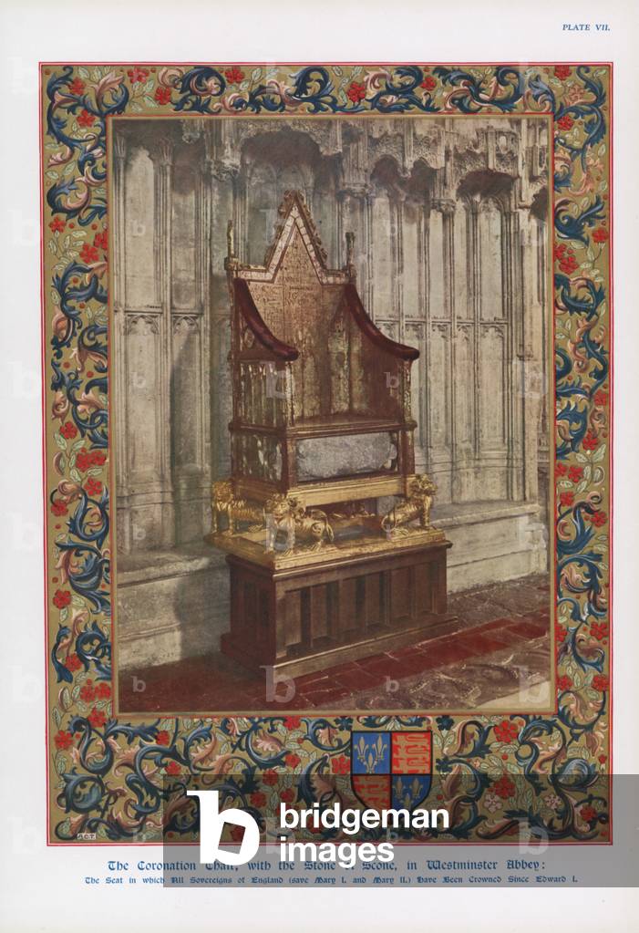 The Coronation Chair and the Stone of Scone in Westminster Abbey, London (colour litho)
