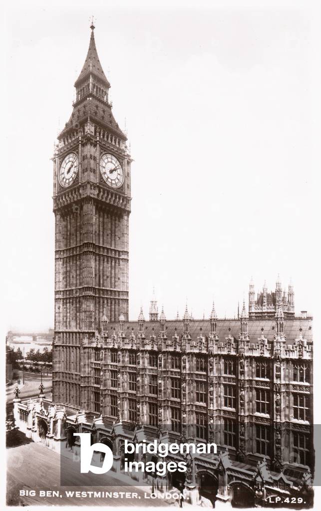 Houses of Parliament and Big Ben in Westminster (b/w photo)