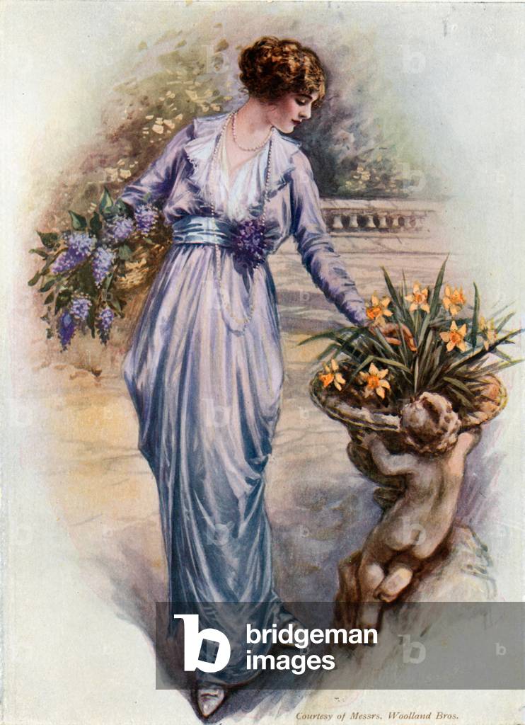 Girl picking flowers (colour litho)