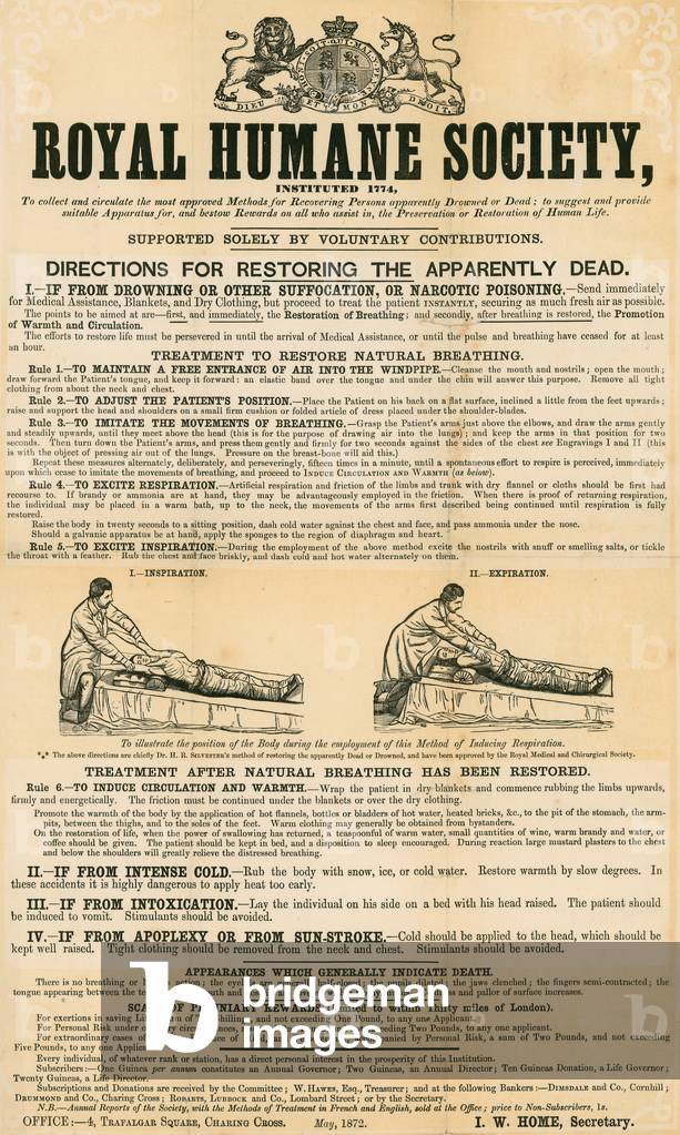 Directions for restoring the apparently dead; issued by the Royal Humane Society, May 1872 (engraving)