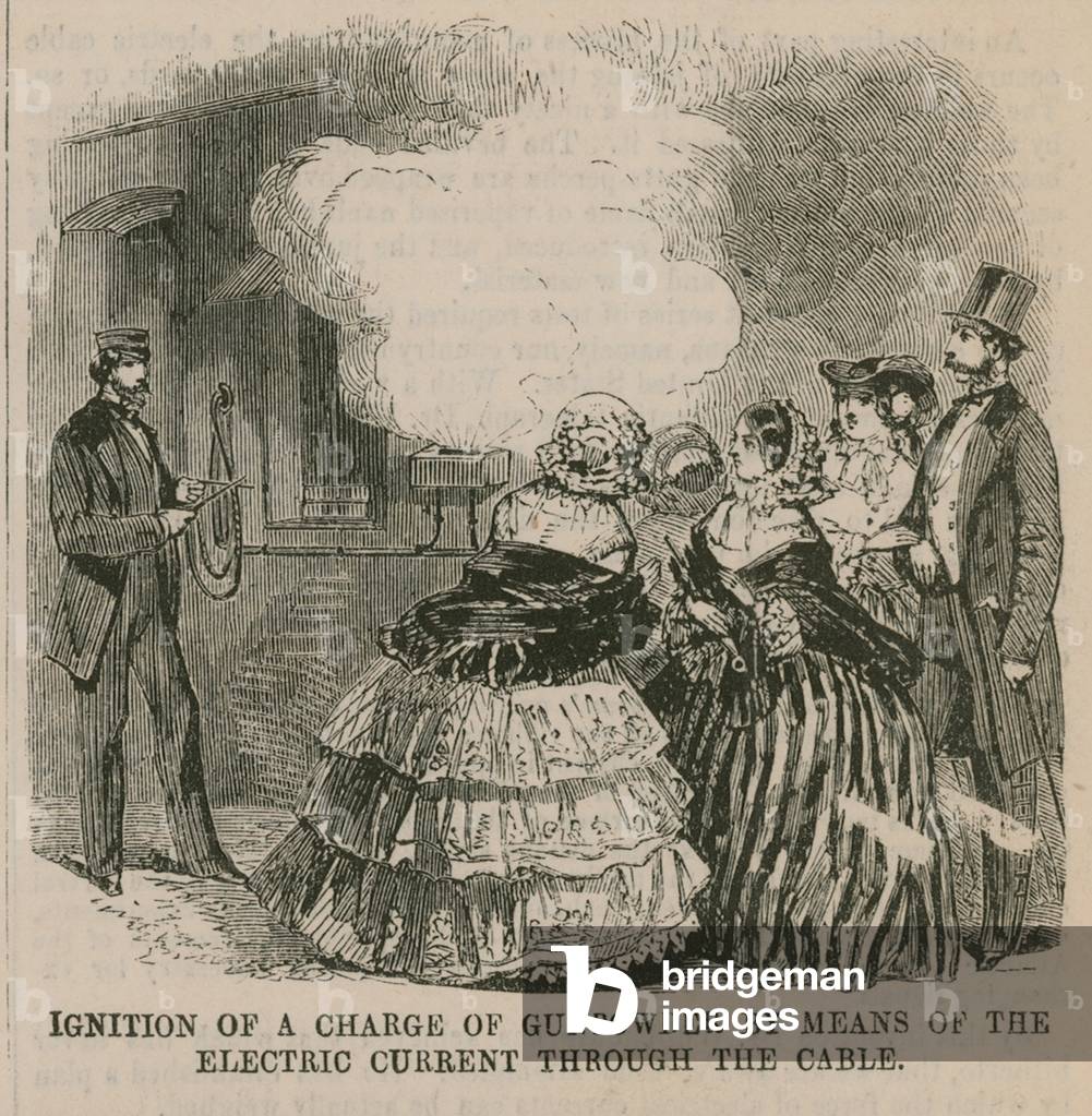 The Atlantic Cable; Ignition of a charge of gunpowder (engraving)