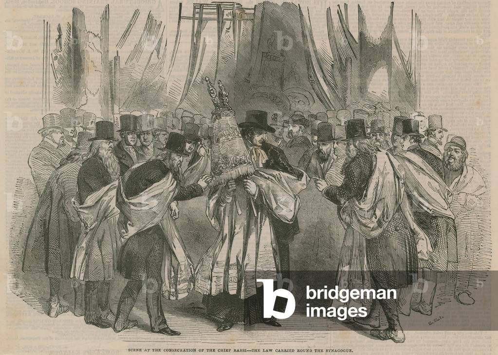 Scene at the consecration of the Chief Rabbi - the Law carried round the Synagogue (engraving)
