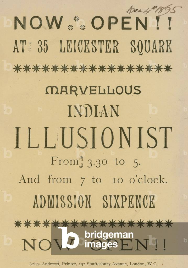 Advert for an Indian Illusionist appearing at 35 Leicester Square, London (engraving)