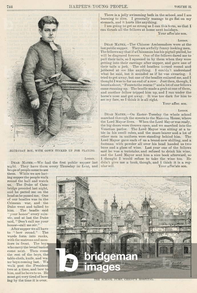 Christ's Hospital and a portrait of a pupil (engraving)