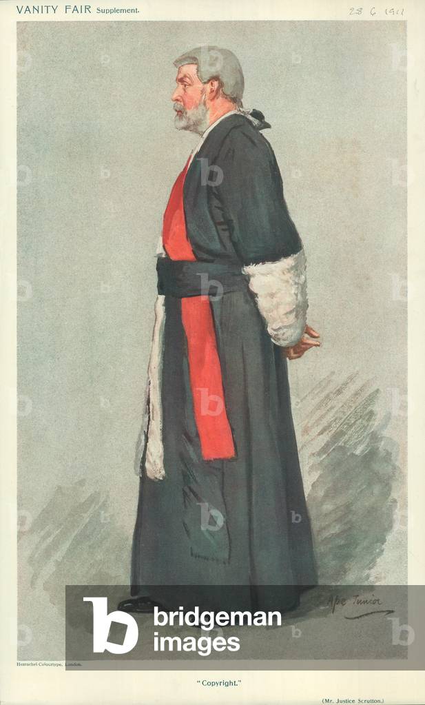 Mr Justice Scrutton, Copyright, 28 June 1911, Vanity Fair cartoon (colour litho)