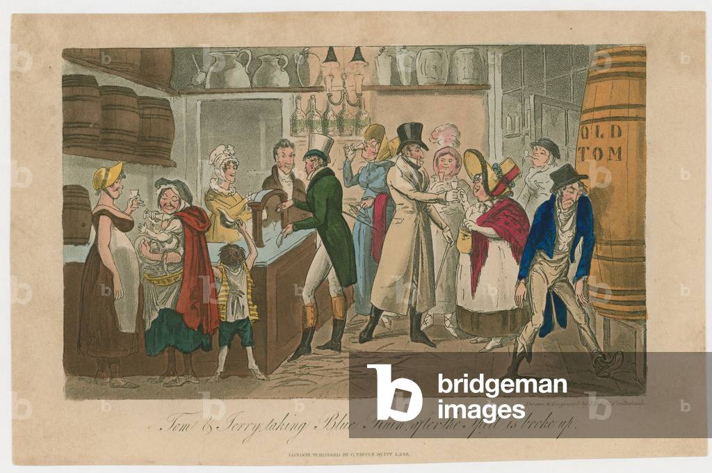 Tom and Jerry taking Blue Ruim after the spell is broke up (coloured engraving)