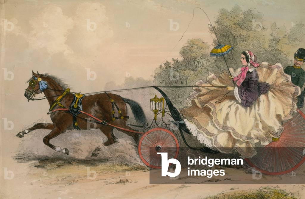 Horse and carriage at speed with a lady at the whip; prostitution (coloured engraving)