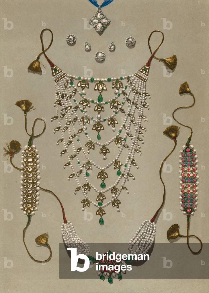 Cross Pendant Brooches and earrings, Suite of Indian ornaments, the gift of the Queen (chromolitho)