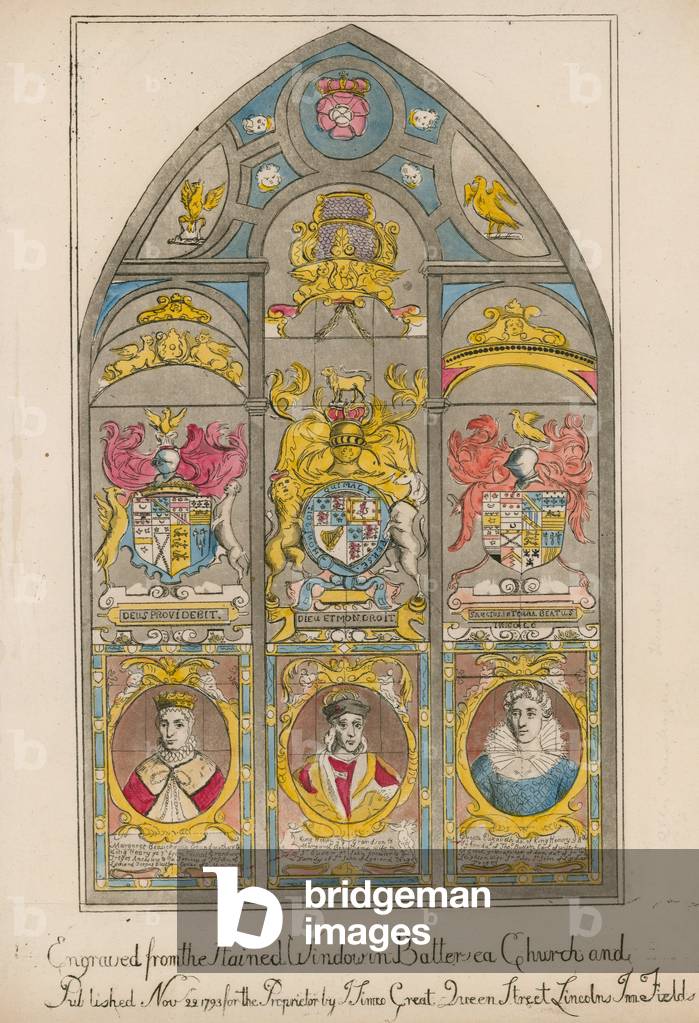 Engraved from the stained glass window in Battersea Church (coloured engraving)