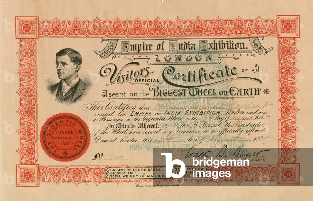The Empire of India Exhibition, London, official visitors certificate of an ascent on the Biggest Wheel on Earth; the Great Wheel, Earl's Court (engraving)