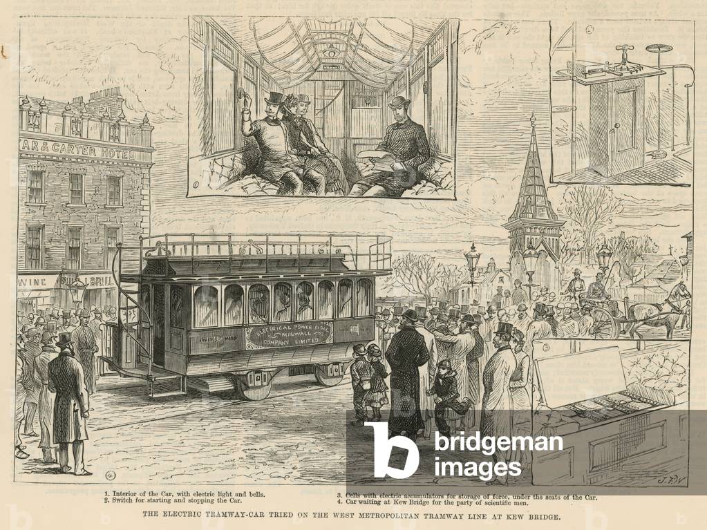 The electric tramway-car tried on the West Metropolitan tramway line at Kew Briidge (engraving)