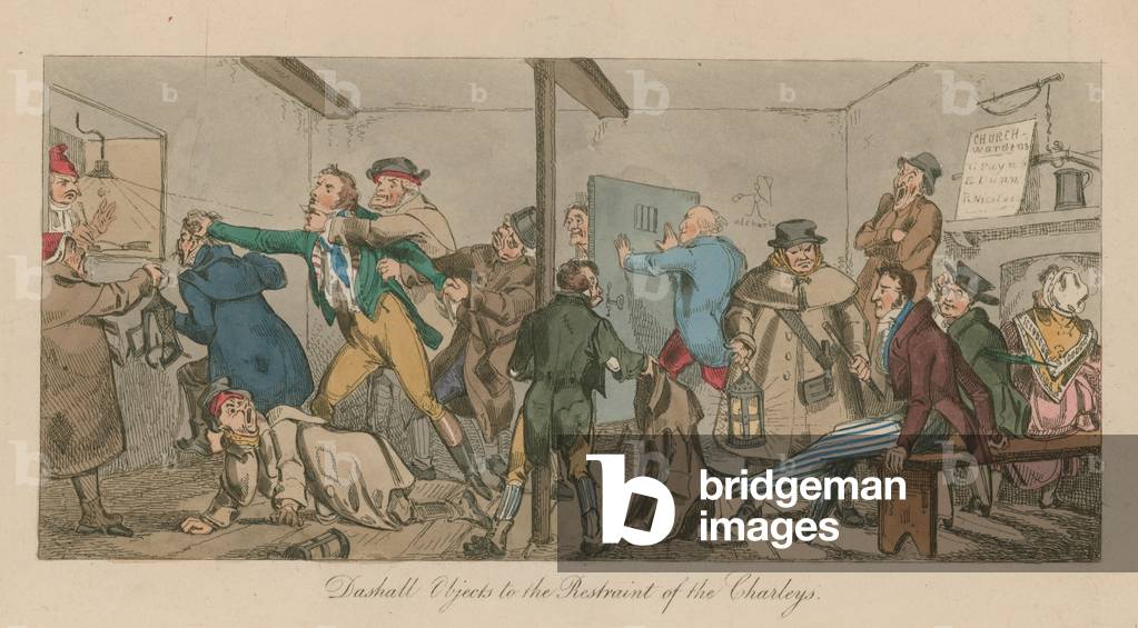 Dashall Objects to the Restraint of the Charleys (coloured engraving)