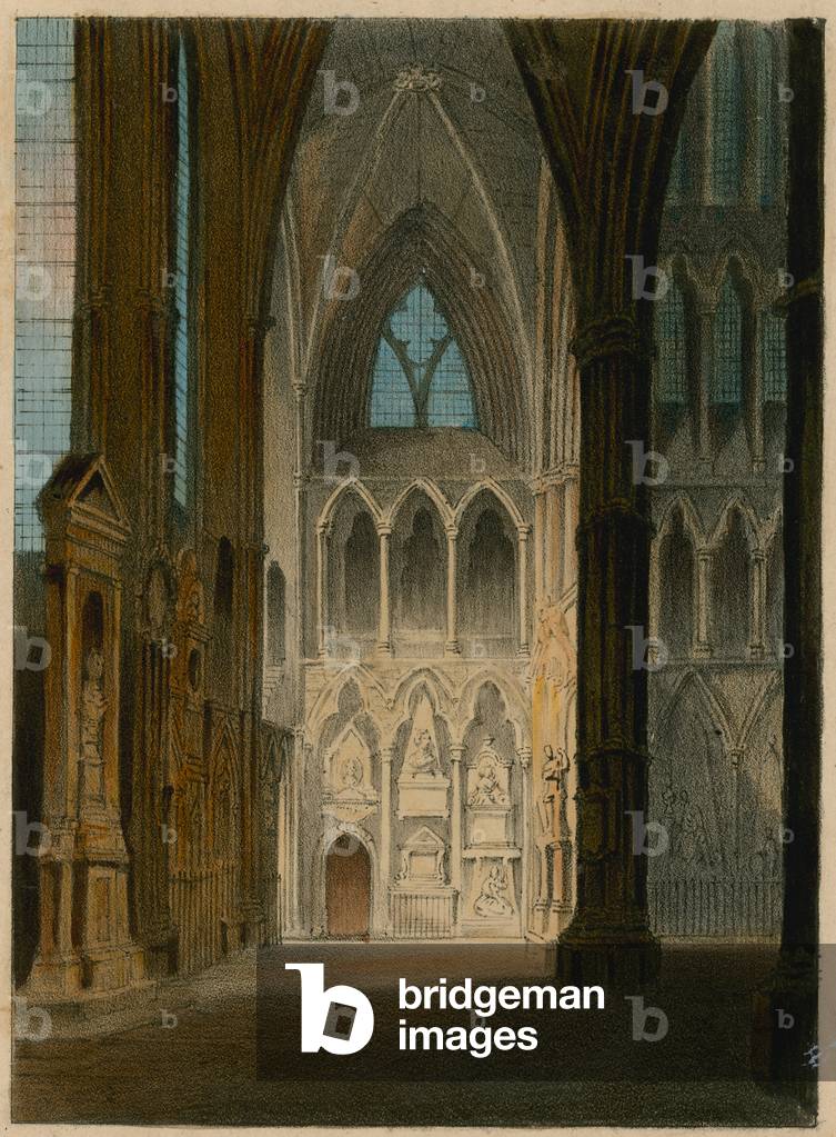 Spooner's Protean Views: Poet's Corner, Westminster Abbey, London, Changing to The Shades of Shakespeare, Scott and Byron (coloured engraving)