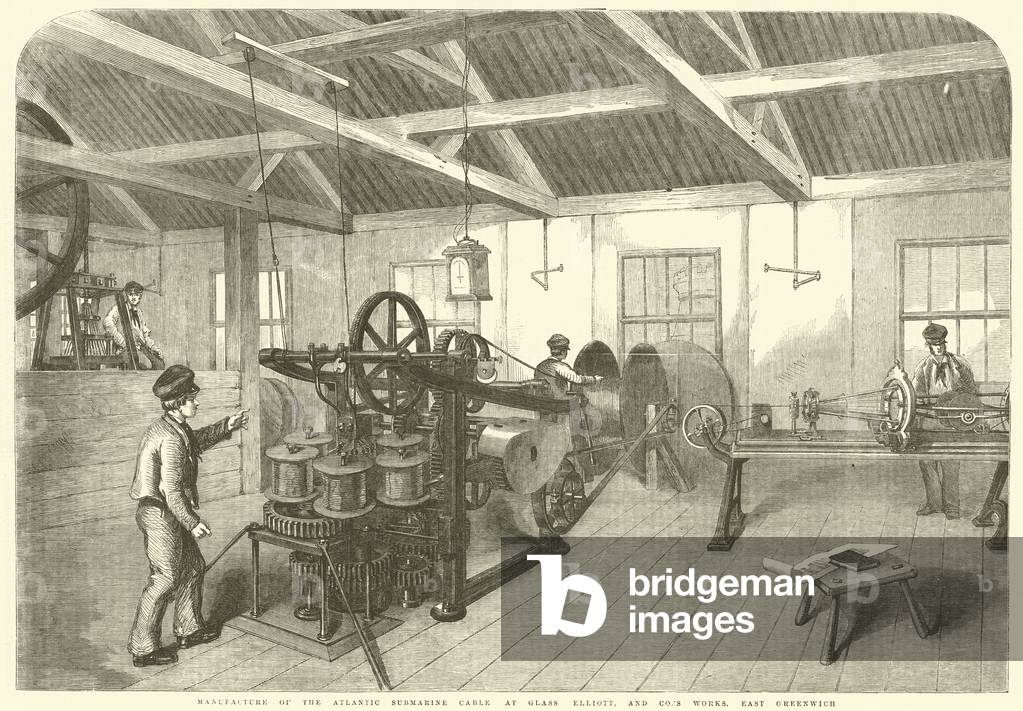 Manufacture of the Atlantic submarine cable at Glass Elliott and Co.'s works, East Greenwich (engraving)