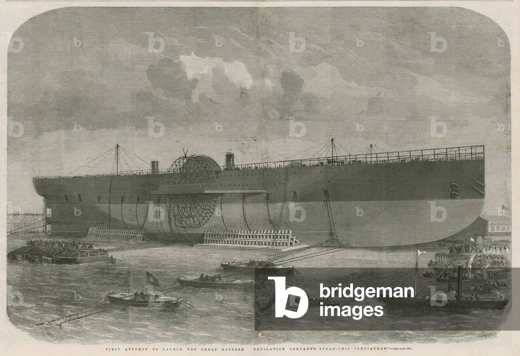 First attempt to launch the Great Eastern Navigation company's steam ship Leviathan (engraving)