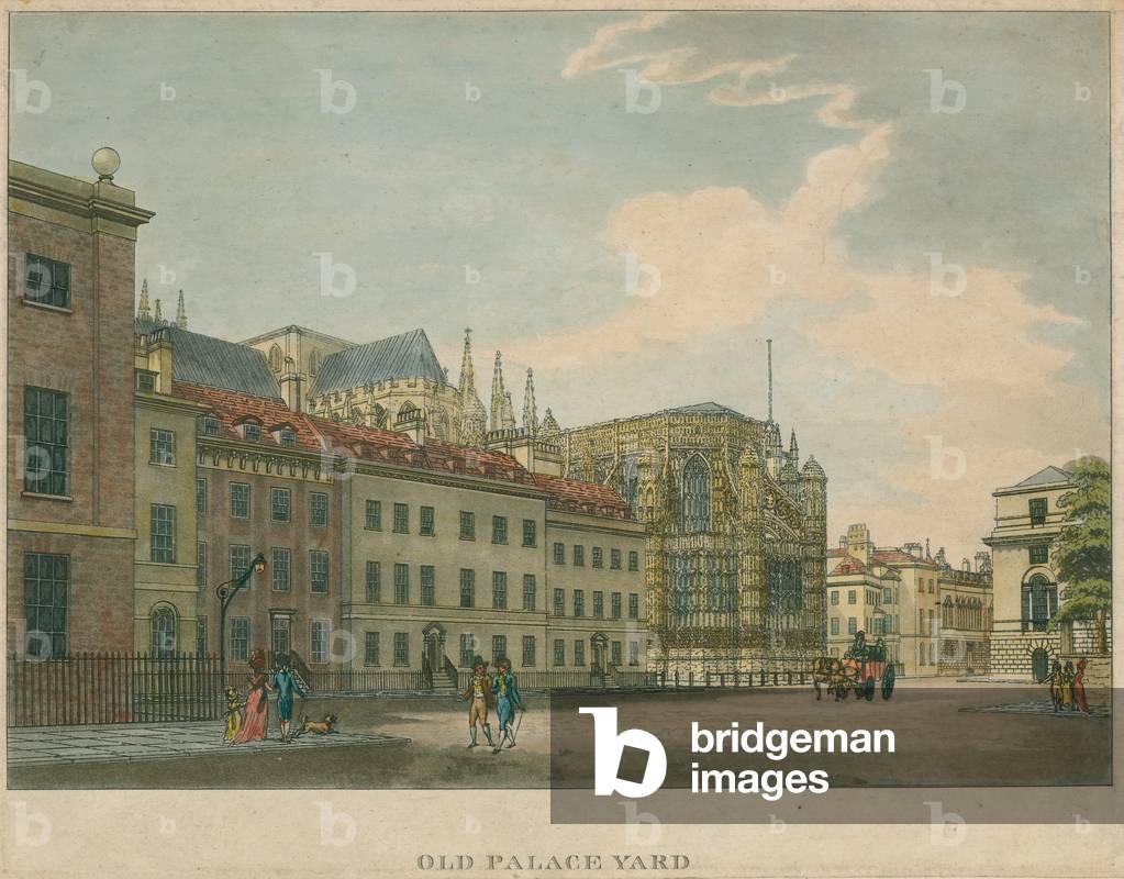 Old Palace Yard, Westminster Abbey, London (coloured engraving)