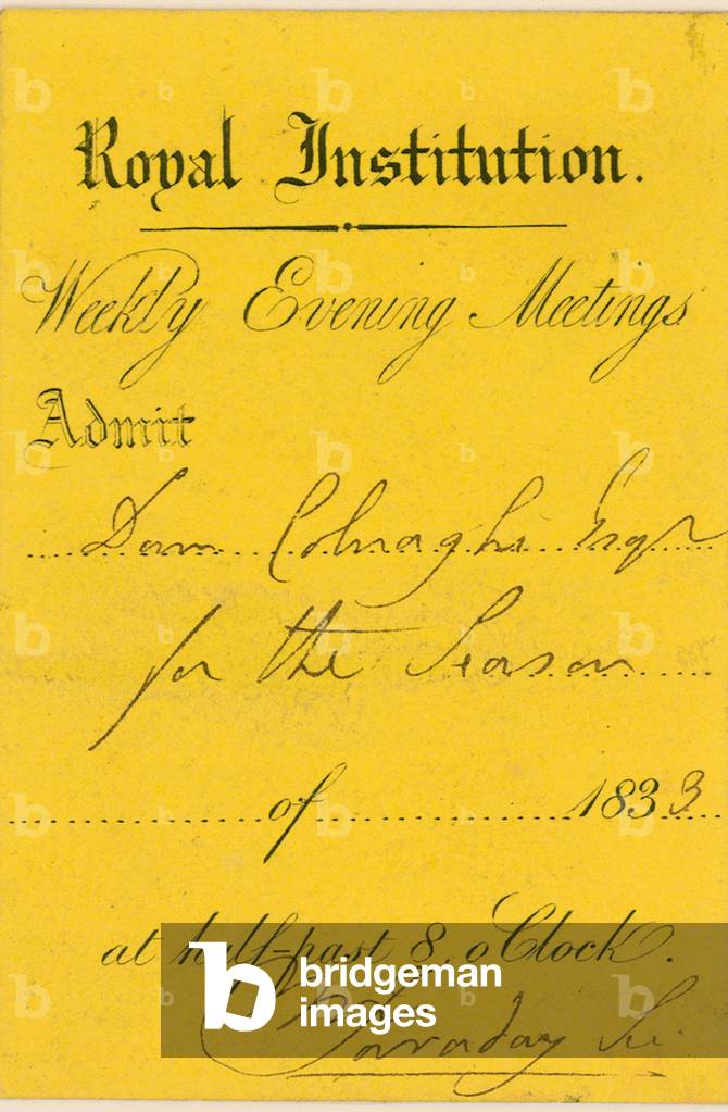 Ticket of admission to the Royal Institution, Albemarle Street, London, to a lecture by Michael Faraday (engraving)