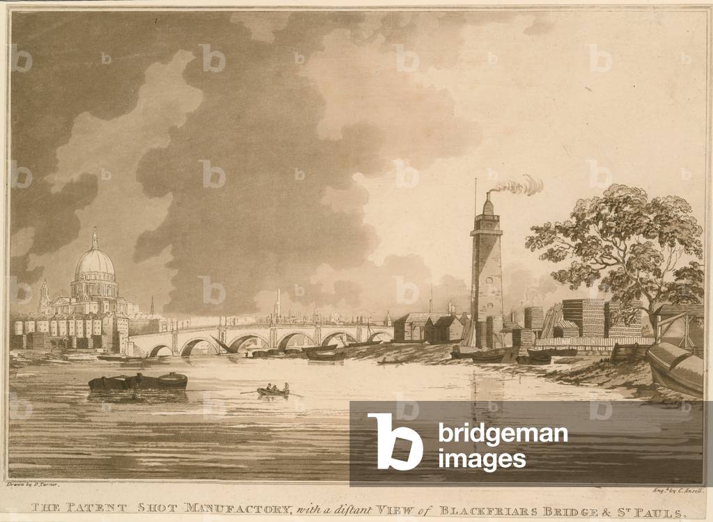 The Patent Shot Manufactury, with a distant view of Blackfriars Bridge and St Pauls, London (engraving)