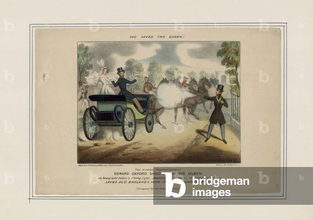 Edward Oxford shooting at the Queen, saved by Britannia (coloured engraving)