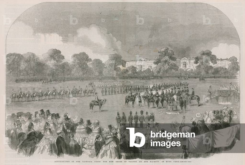 Distribution of the Victoria Cross, the new order of valour, by Her Majesty in Hyde Park (engraving)