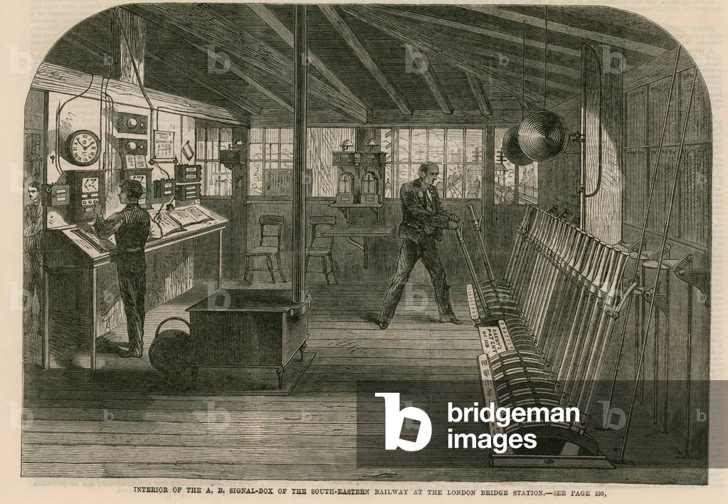 Interior of the A, B, Signal box of the South-Eastern Railway at the London Bridge station (engraving)