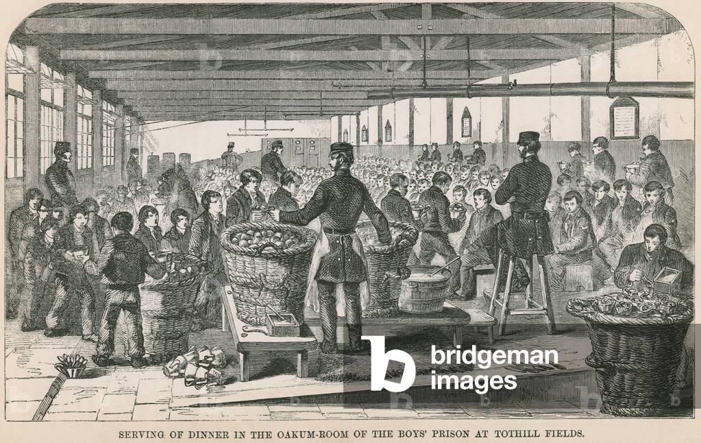 Serving of dinner in the Oakum Room (engraving)
