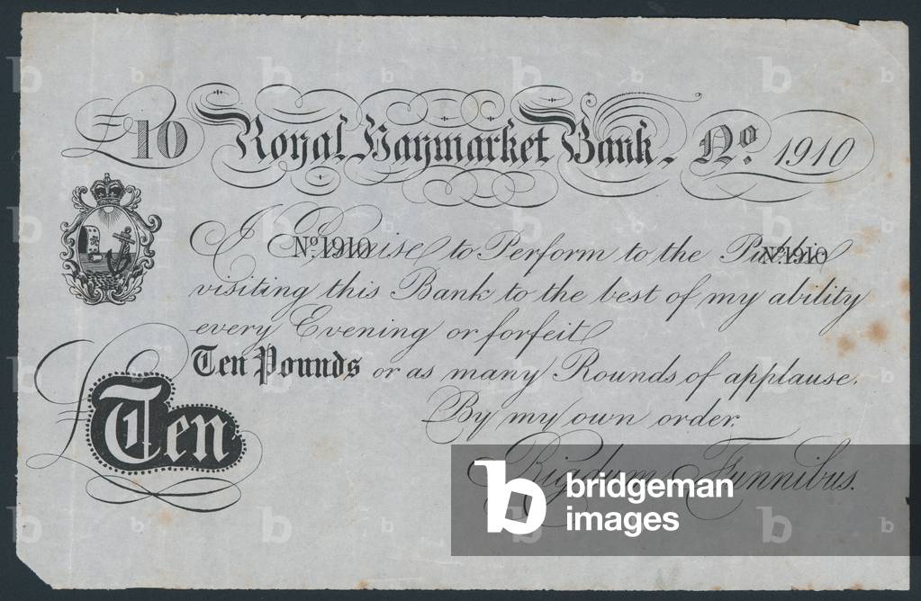 Royal Haymarket Bank, joke theatrical bank note (engraving)