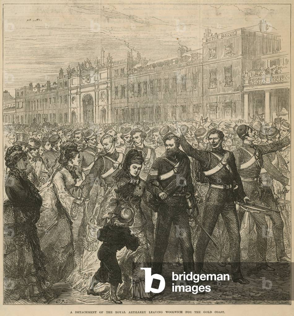 A detachment of the Royal Artillery leaving Woolwich for the Gold Coast (engraving)