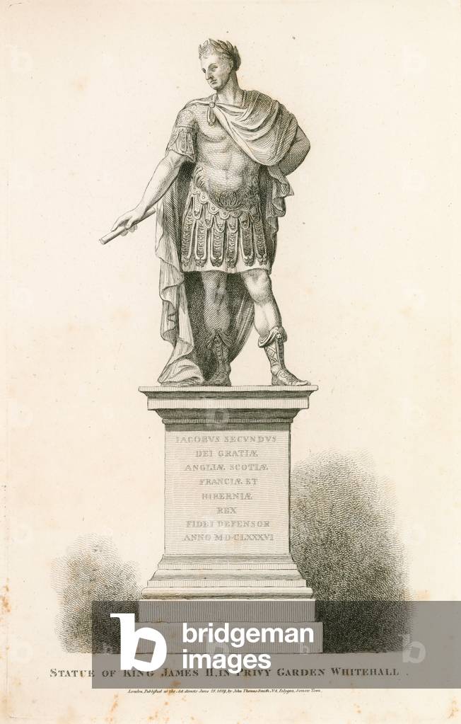 Privy Garden Westminster.  Statue of King James II (engraving)