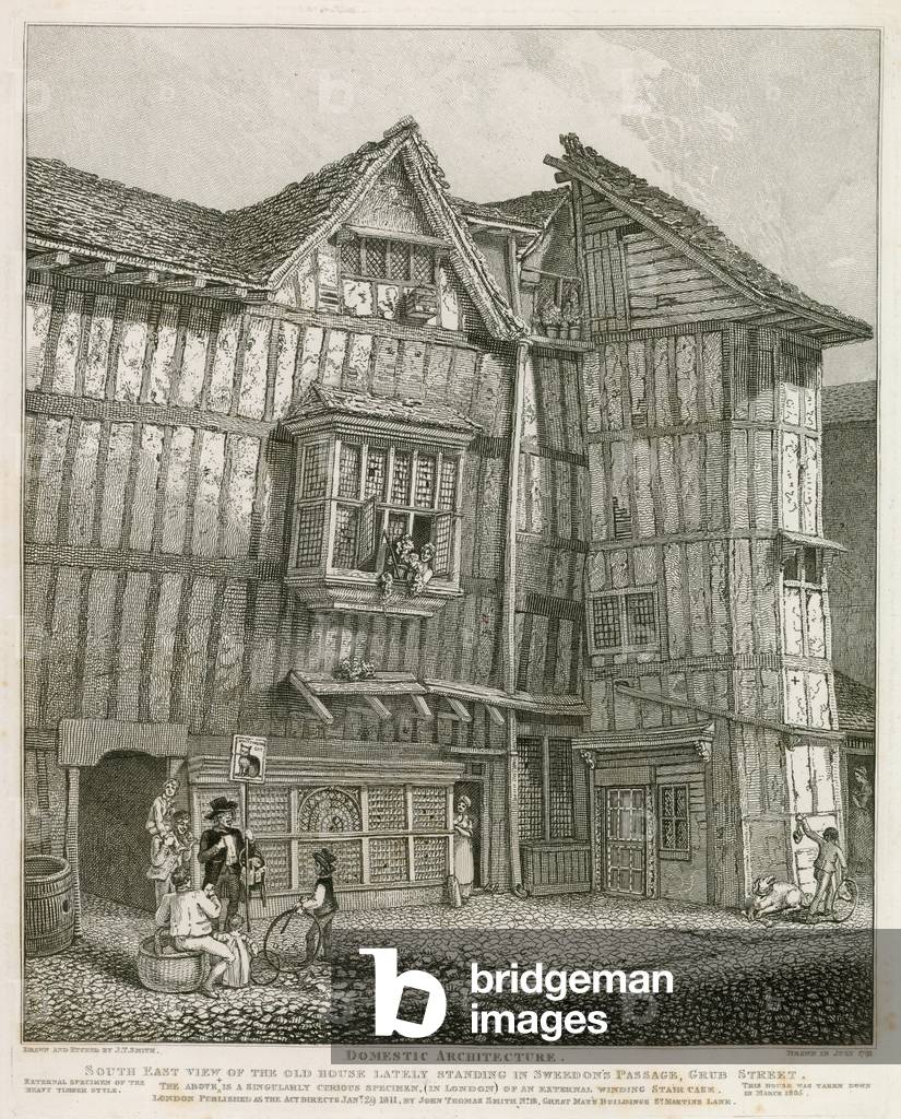 South East View of an old house lately standing in Sweedon's Passage, Grub Street (engraving)