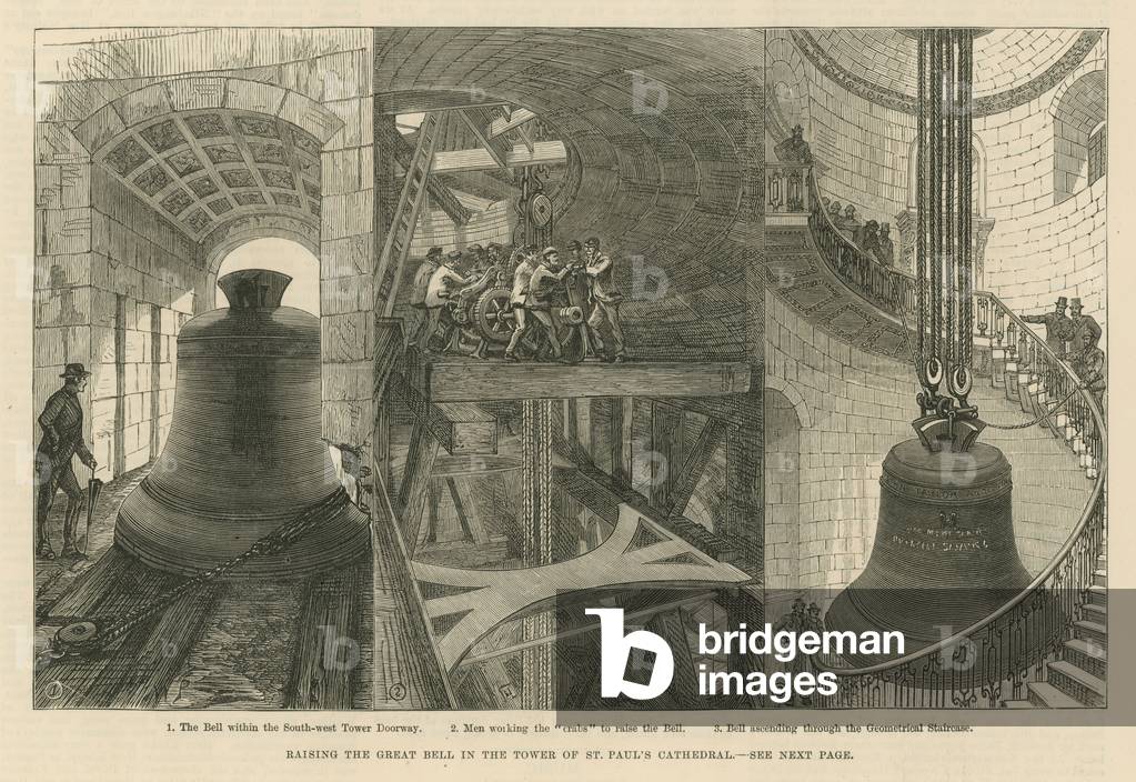Raising the great bell in the tower of St Paul's Cathedral (engraving)