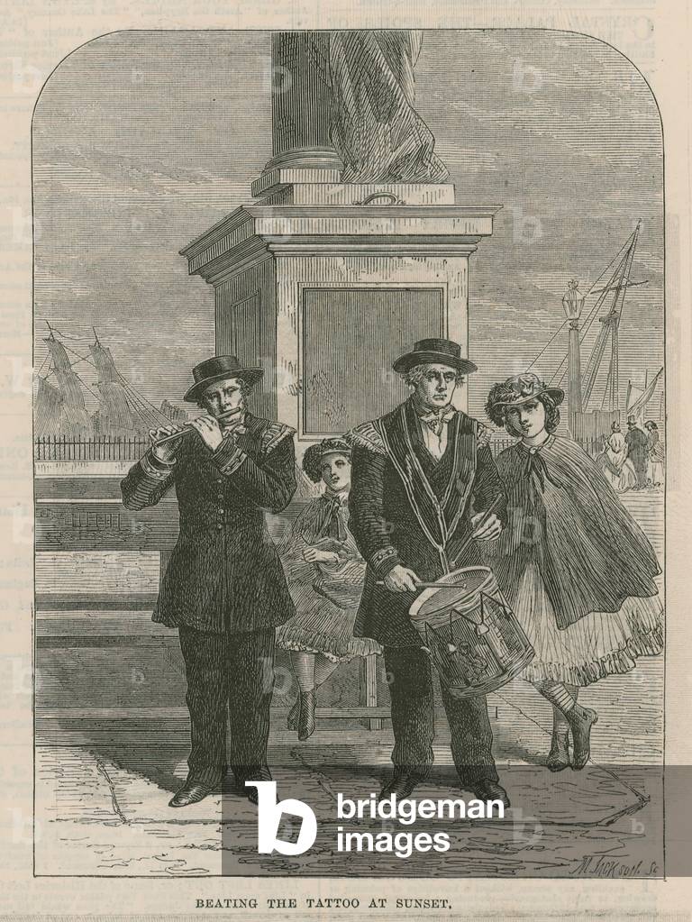 A visit to Greenwich Hospital: Beating the tattoo at sunset (engraving)