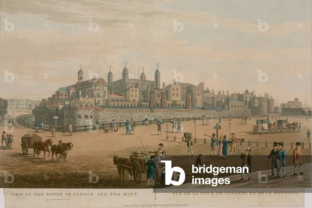 View of the Tower of London and the Mint (coloured engraving)