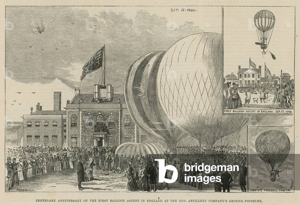 Centenary anniversary of the first balloon ascent in England at the Hon. Artillery Company's ground, Finsbury (engraving)