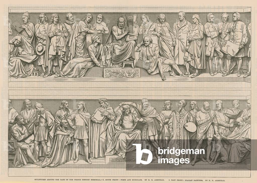 Sculptures around the base of the Prince Consort Memorial (engraving)