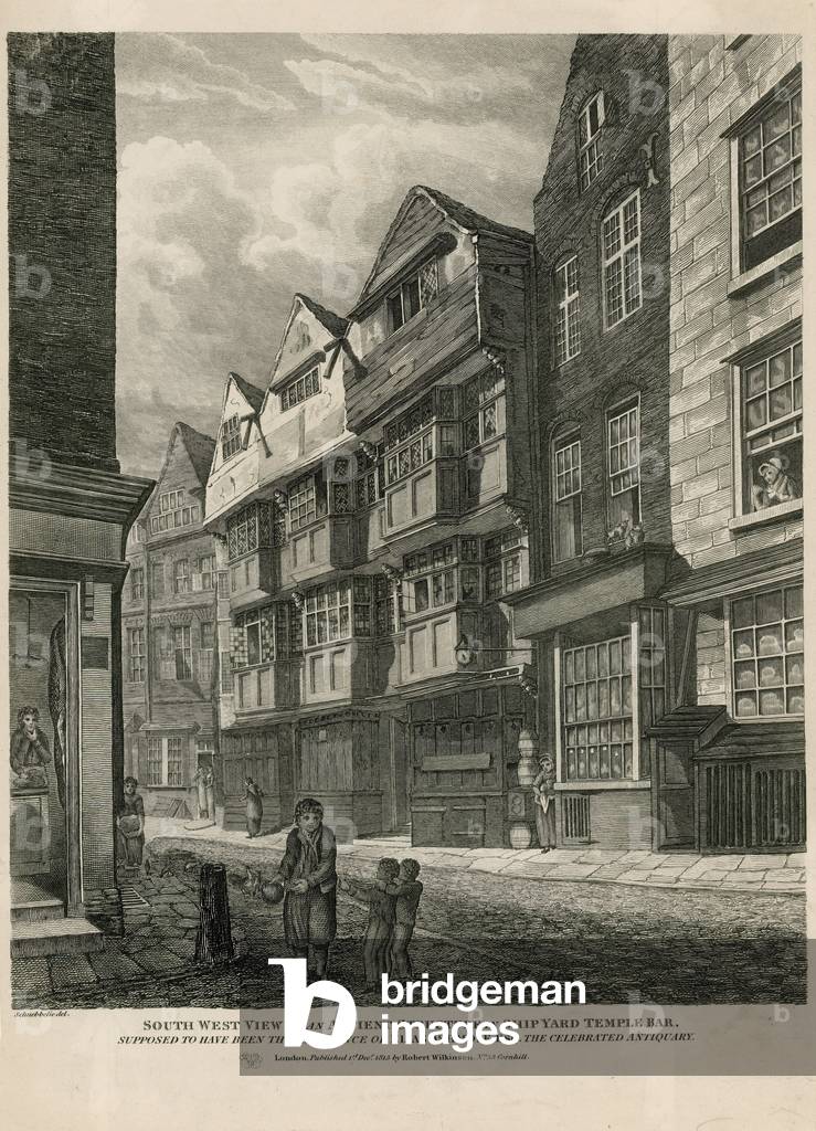 South West View of an ancient structure in Ship Yard Temple Bar, supposed to have been the residence of Elias Ashmole, the celebrated antiquary (engraving)