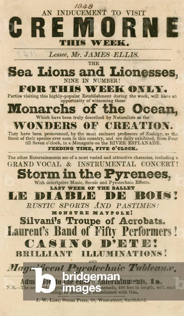 Advert for the appearance of Sea Lions and Lionesses at Cremorne Gardens, London in 1848 (engraving)