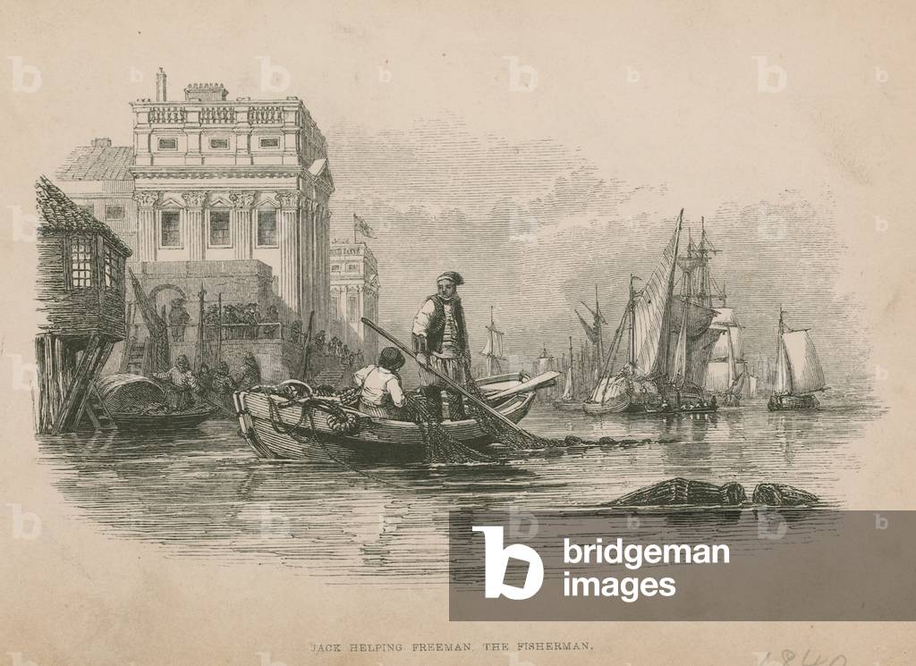 Jack helping Freeman the Fisherman; illustration from Poor Jack by Frederick Marryat (engraving)