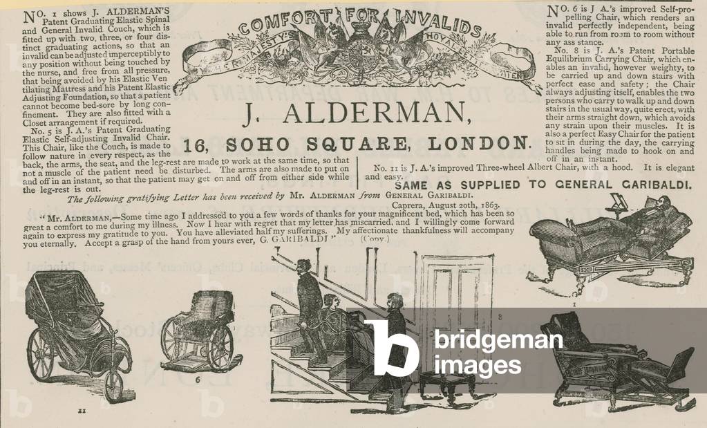 Advert for J Alderman, manufacturer of invalid carriages (engraving)