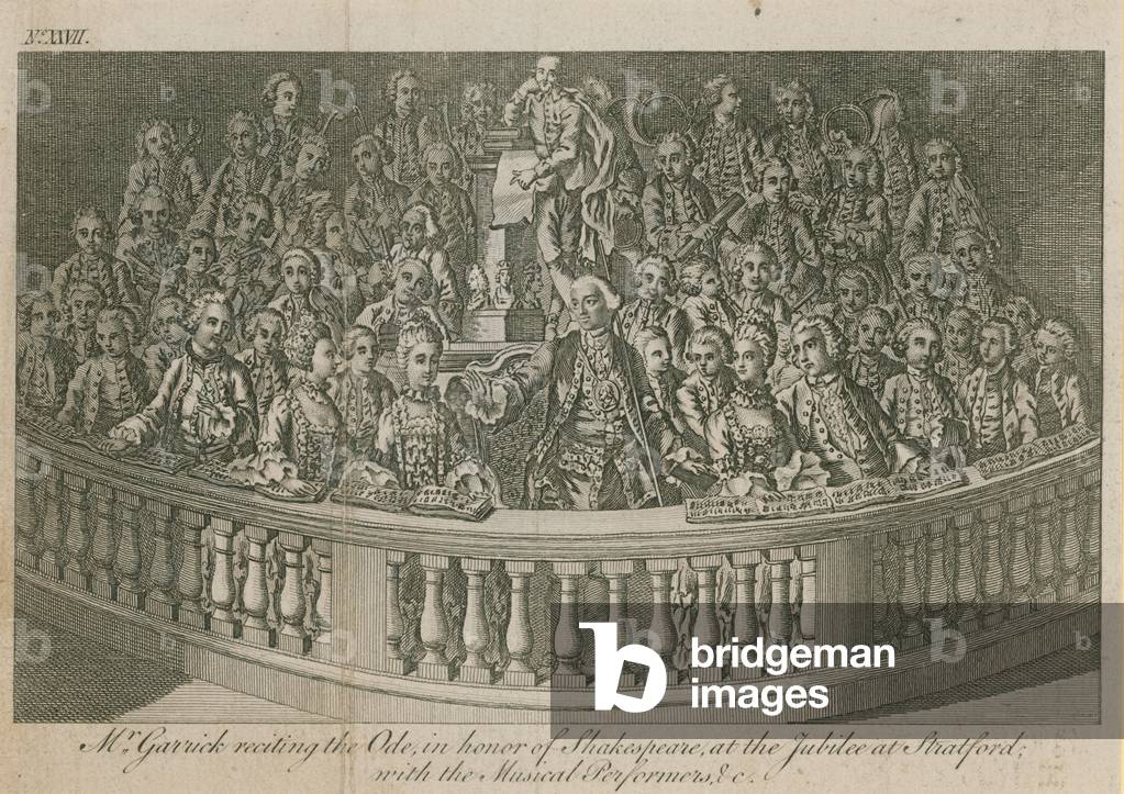 Mr David Garrick reciting the Ode, in honour of William Shakespeare at the jubilee at Stratford (engraving)