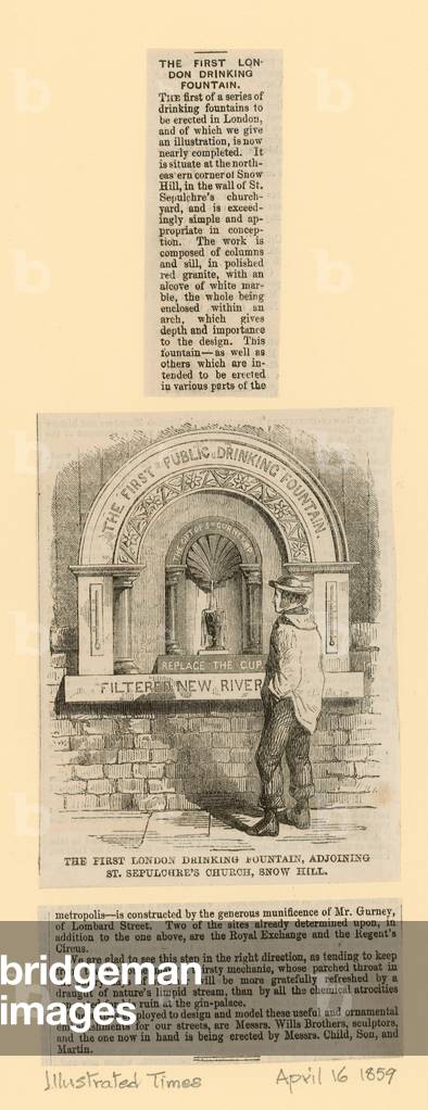 Drinking Fountain, adjoining St Sepulchre's Church, Snow Hill (engraving)