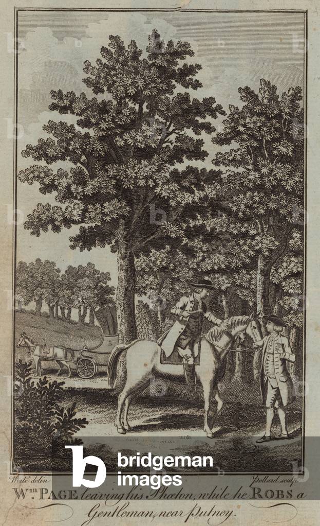 William Page leaving his Phoeton while he robs a gentleman near Putney (engraving)