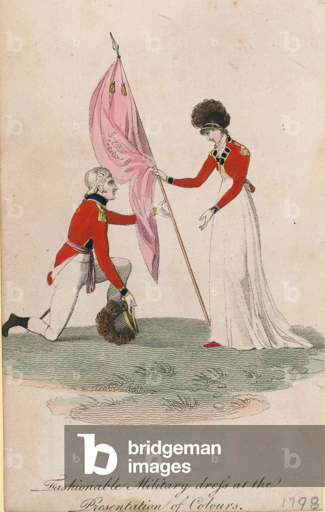 Fashionable military dress at the Presentation of Colours (coloured engraving)