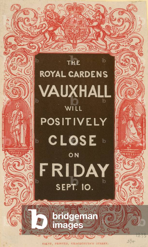 The Royal Gardens Vauxhall will positively close (coloured engraving)
