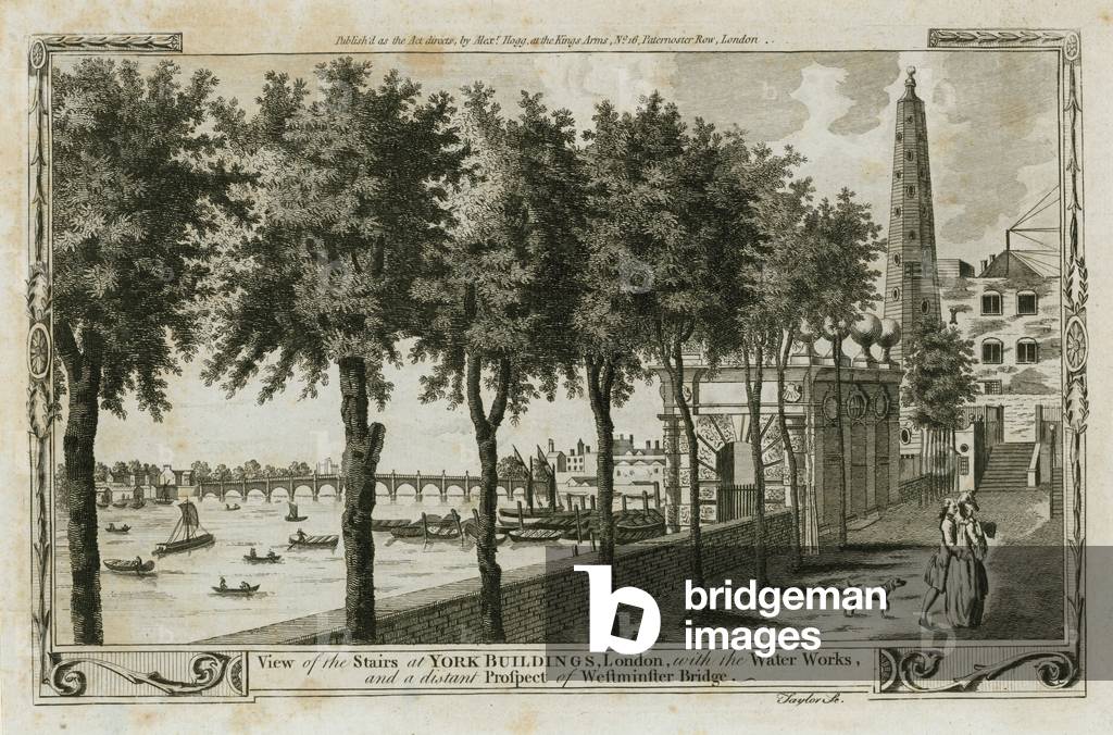 View of the Stairs of York Buildings, London with the Water Works, and the distant prospect of Westminster Bridge (engraving)